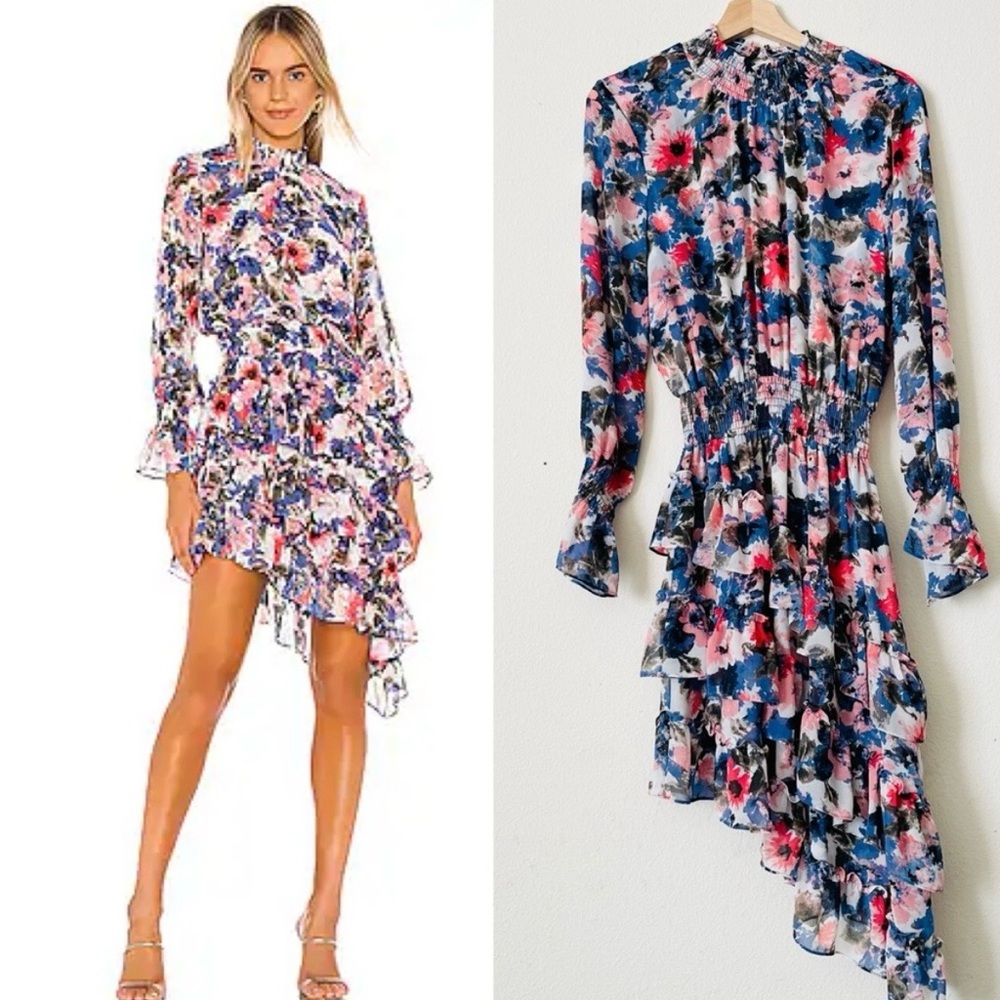 Misa Los Angeles Floral Asymmetrical Dress - Blue and Pink